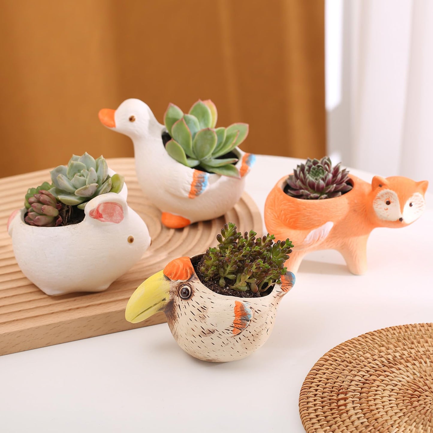 4 Piece Ceramic Plant pots Indoor Pots Set with Drainage Holes, Little Animal Decorative Flower Pots for Indoor&Outdoor Little Plants, Cute Cactus/Bonsai Plant Pots