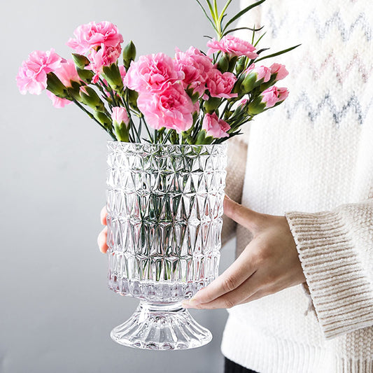 Glass Vase, Embossed Big Base Vase, Flower Vase Decorative for Home Office Wedding Holiday Party Celebrate. Hydroponic Green Plant Vase